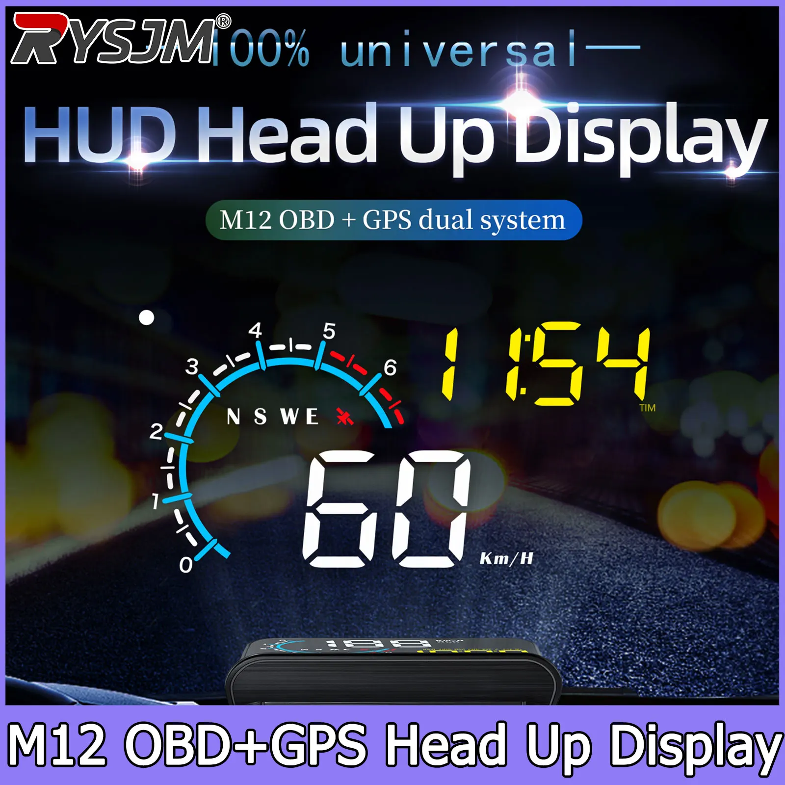 Auto-Tachometer Kompass M12 Head-Up-Display Windschutzscheiben-Projektor Elektronisches Auto-OBD2-GPS-HUD Kraftstoffverbrauch Spannung Temperatur