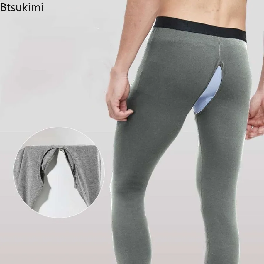 Open-crotch Thermal Underwear Pants Autumn Winter Men's Thin Leggings Solid Warm Long Johns Comfortable Tights Inner Wear Pants