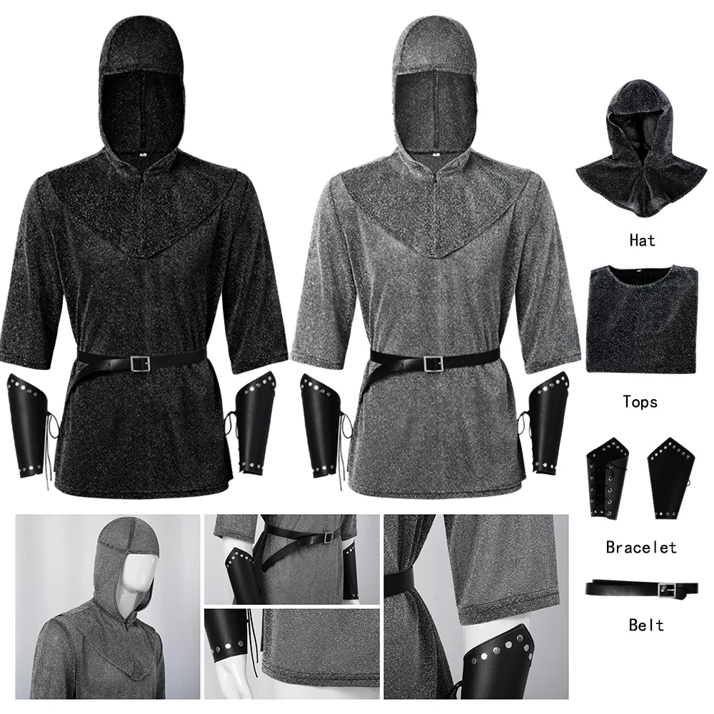 

4Pcs Halloween Knight Costume Shirt Medieval Renaissance Templar Knight Cosplay Outfits Includes Shirt Hat Belt and Wrist Guards