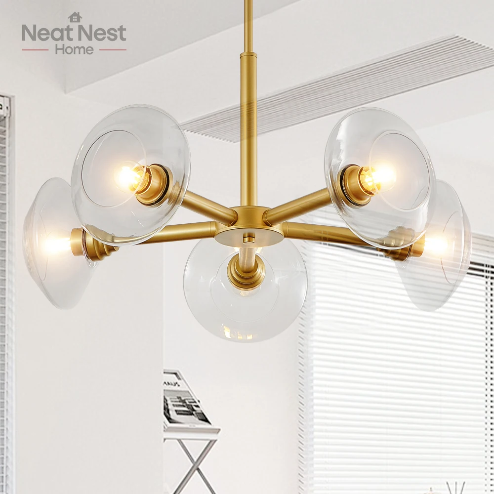 

26" Modern Gold 5-Light Chandelier Clear Glass, Mid-Century Hanging Pendant Light Fixture for Dining Room(Bulb Not Included)