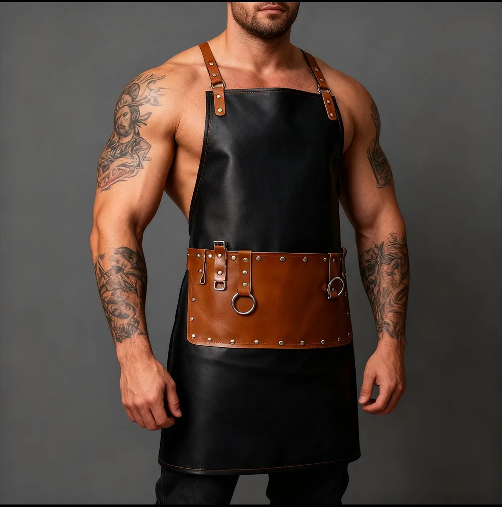 

Fashion PU Apron Baking Barbecuing Coffee Exceeding The Time Limit Waterproof and Oiling Apron Barber Leather Work Clothes Apron