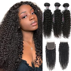 Yyong Hair Brazilian Kinky Curly Bundles With Closure 3/4 Bundles Human Hair With Closure Remy Hair Weave Bundles With Closure