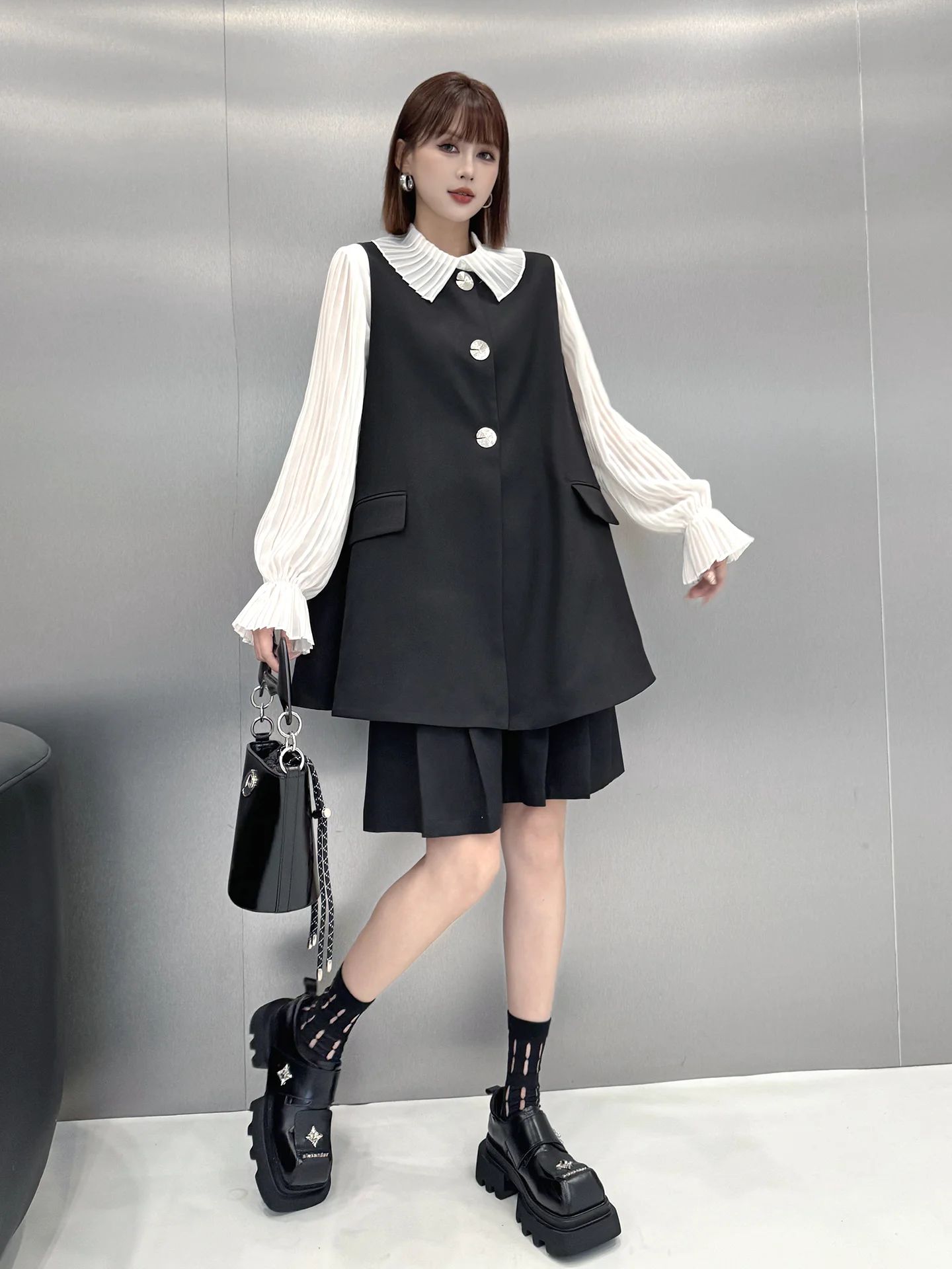Fashionable Commuter Hong Kong Style Set Slim A-Line Vest Skirt Elastic Waist Pleated Mid-Pants Unique Design Sensation