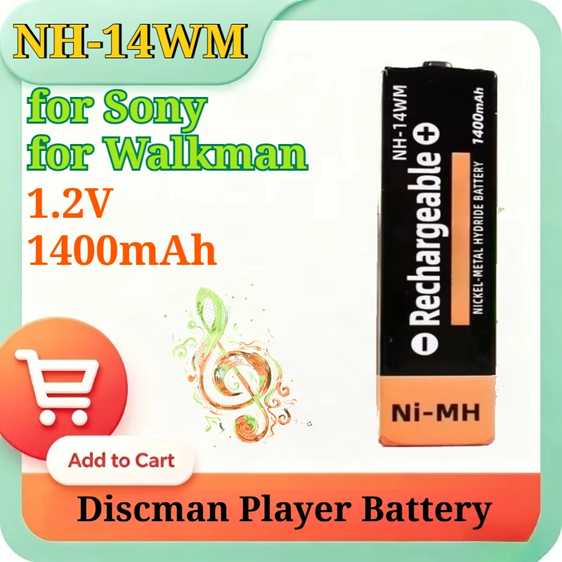 Batería Recargable de Ni-MH NH-14WM de 1.2V y 1400mAh Tipo Goma de Mascar para Reproductores Sony Walkman MD CD Discman, Batería de Repuesto para DIY
