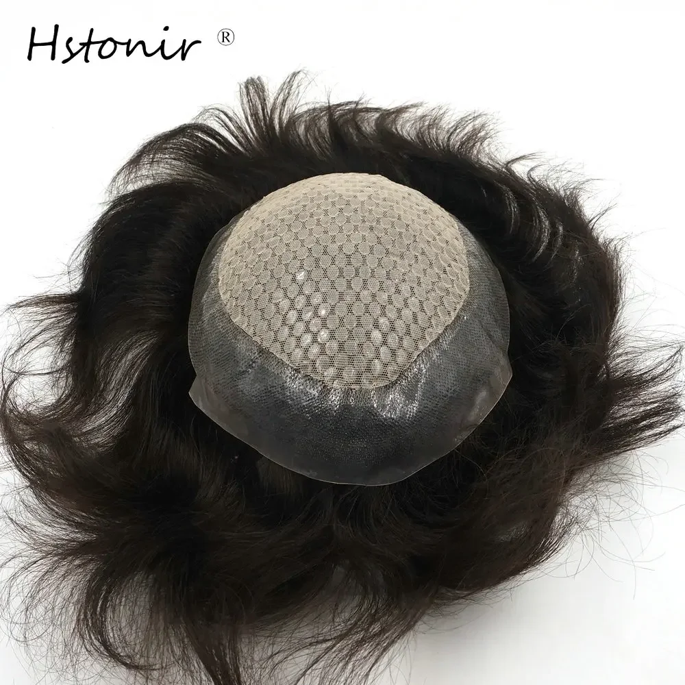 Hstonir 6x8 "سيليكون ناعم طبيعي أسود 1B نظام شعر ريمي هندي للرجال شعر مستعار دانتيل أمامي من البولي يوريثان شعر مستعار قصير شعر بشري H055