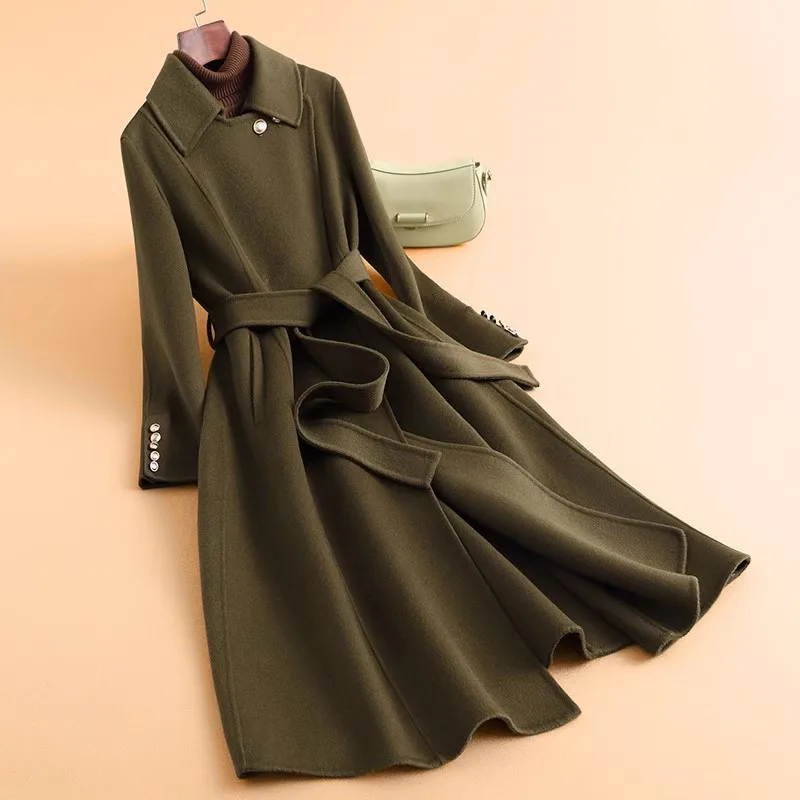 

2025 Autumn Winter New High-end double-sided Wool Coat for women Fashion Temperament Slim 100%Wool Coats With belt Long Overcoat