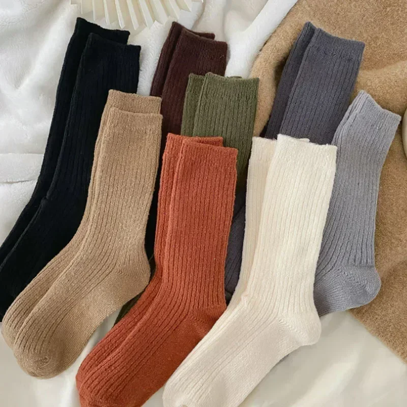 1/3pairs Autumn Winter Knitted Socks Thicker Cashmere Wool Socks Casual Japanese Solid Color Long Socks Thermal Warm Crew Sock