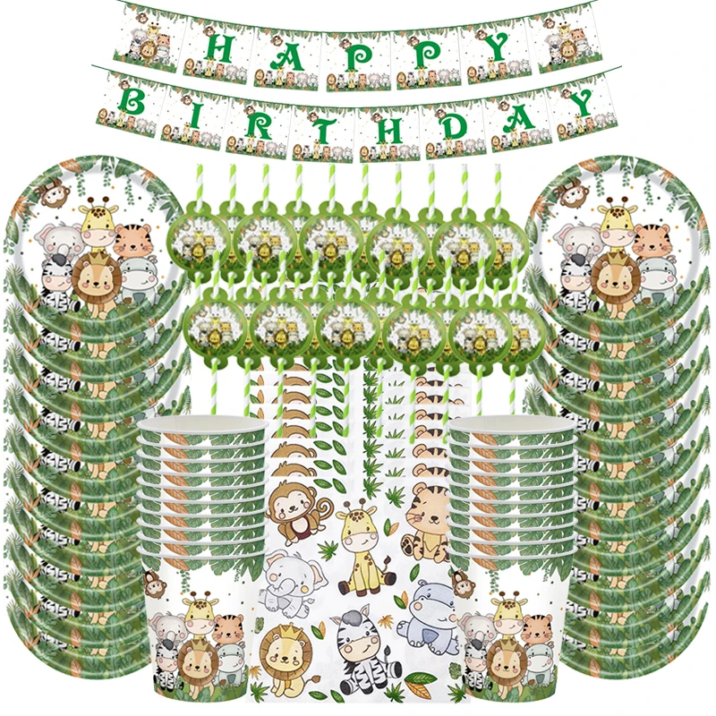 81pcs/Set Forest Animal Themed Birthday Party Decoration Jungle Animal Paper Plates Cup Napkins Straw Baby Shower Decor Supplies