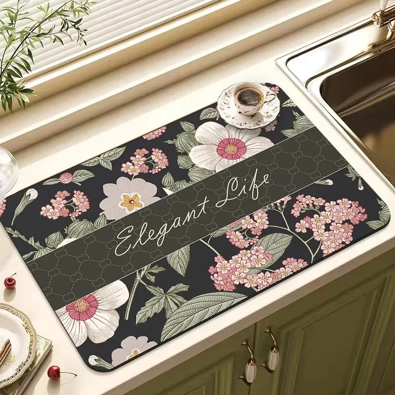 VIKAMA Chinese Style Drainage Mat for Kitchen Sink Coffee Counter, Water Absorbent Quick Dry, Home Use Non-Slip Machine Washable