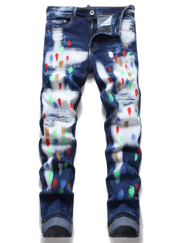 

Fashion Distressed White Washed Denim Jean Pants Colorful Graffiti Printed Casual Biker Hip Hop Jeans Slim Joggers Men's Jeans