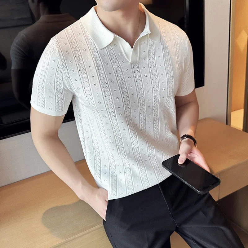 Summer Mens Polo Shirt Knitted Jacquard Casual Top Stripe V-Neck Solid Short Sleeve Breathable Light Luxury T-Shirt Men Clothing