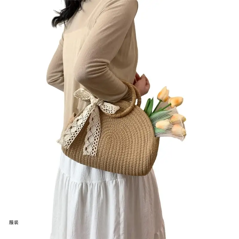 D0UD Fashion Top Handle Straw Bag Handwoven Small Handbag Purse with Lace Bowknot