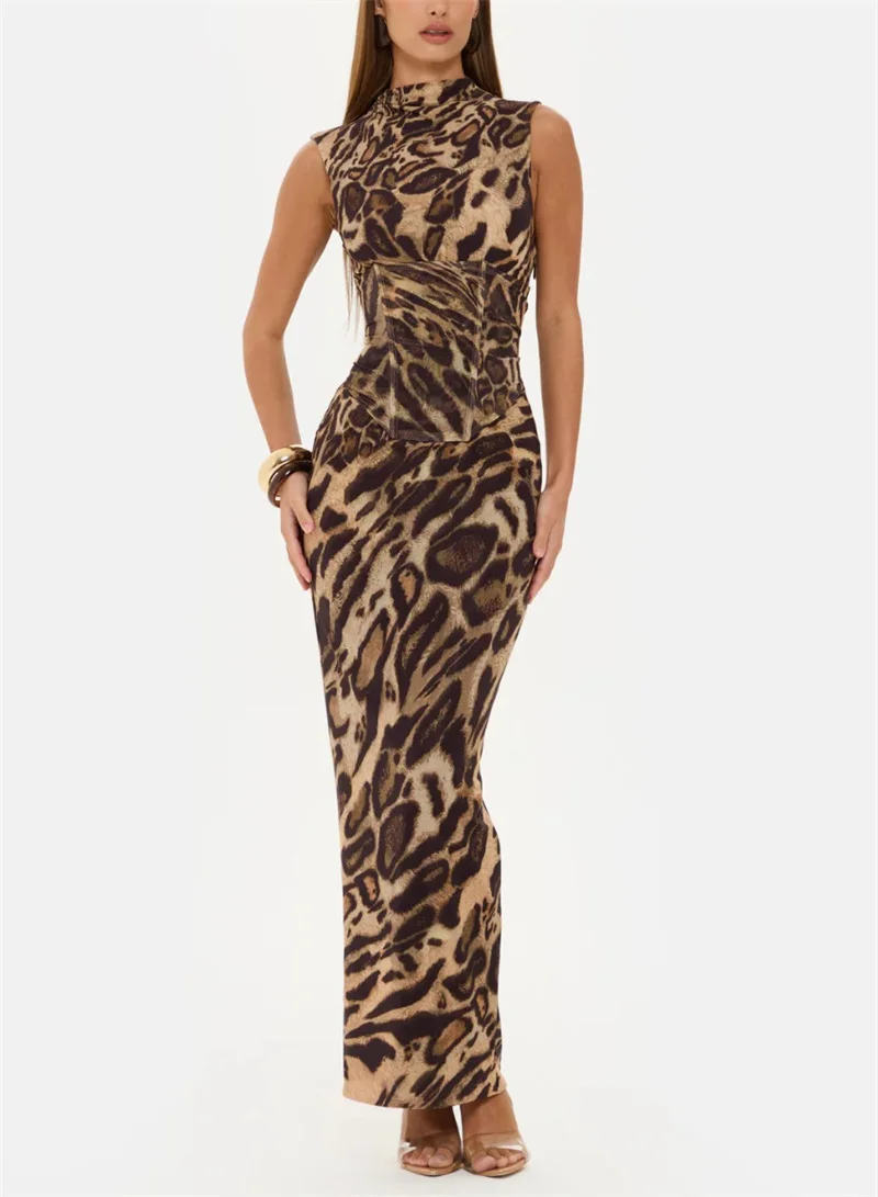 

Women's Sexy Leopard Print Sleeveless Maxi Dress, High Neck Corset Bodycon Gown, Elegant Formal Evening Dress Newest In Stock