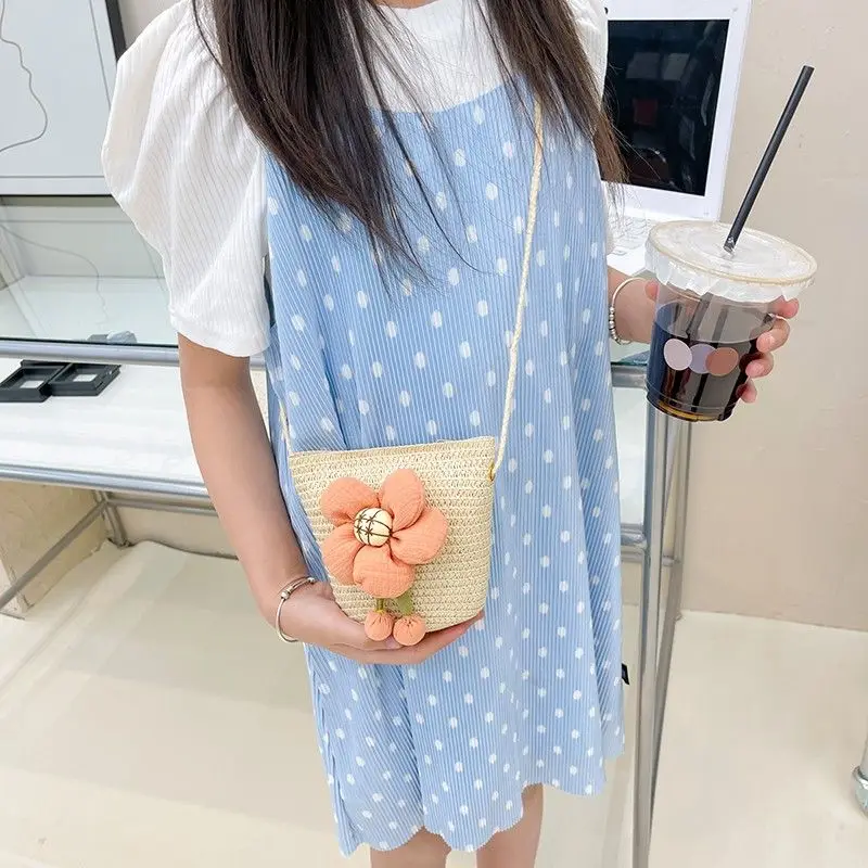 New 2023 Summer Children Girls Shoulder Bag Daisy Flower Straw Bag Messenger Bag Kids Keys Coin Purse Cute Princess Mini Handbag