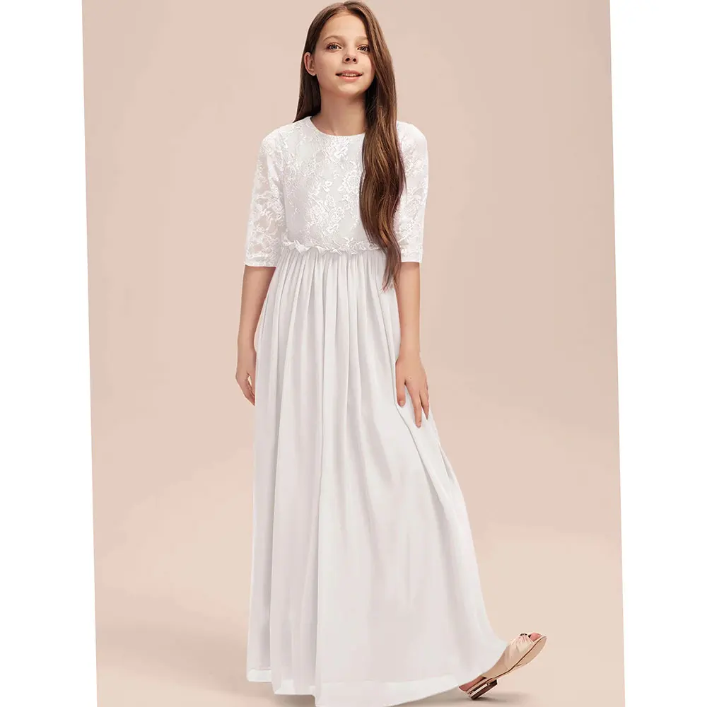 

Flower Girl Dresses A-line Scoop Floor-Length Chiffon Junior Bridesmaid Dress With Pleated First Communion Dress