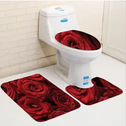 Three-Piece Toilet Seat Pad Red and Black Romantic Eternal Symbol of Love Red Roses with Rain Drops on Petals Photo Print Ruby