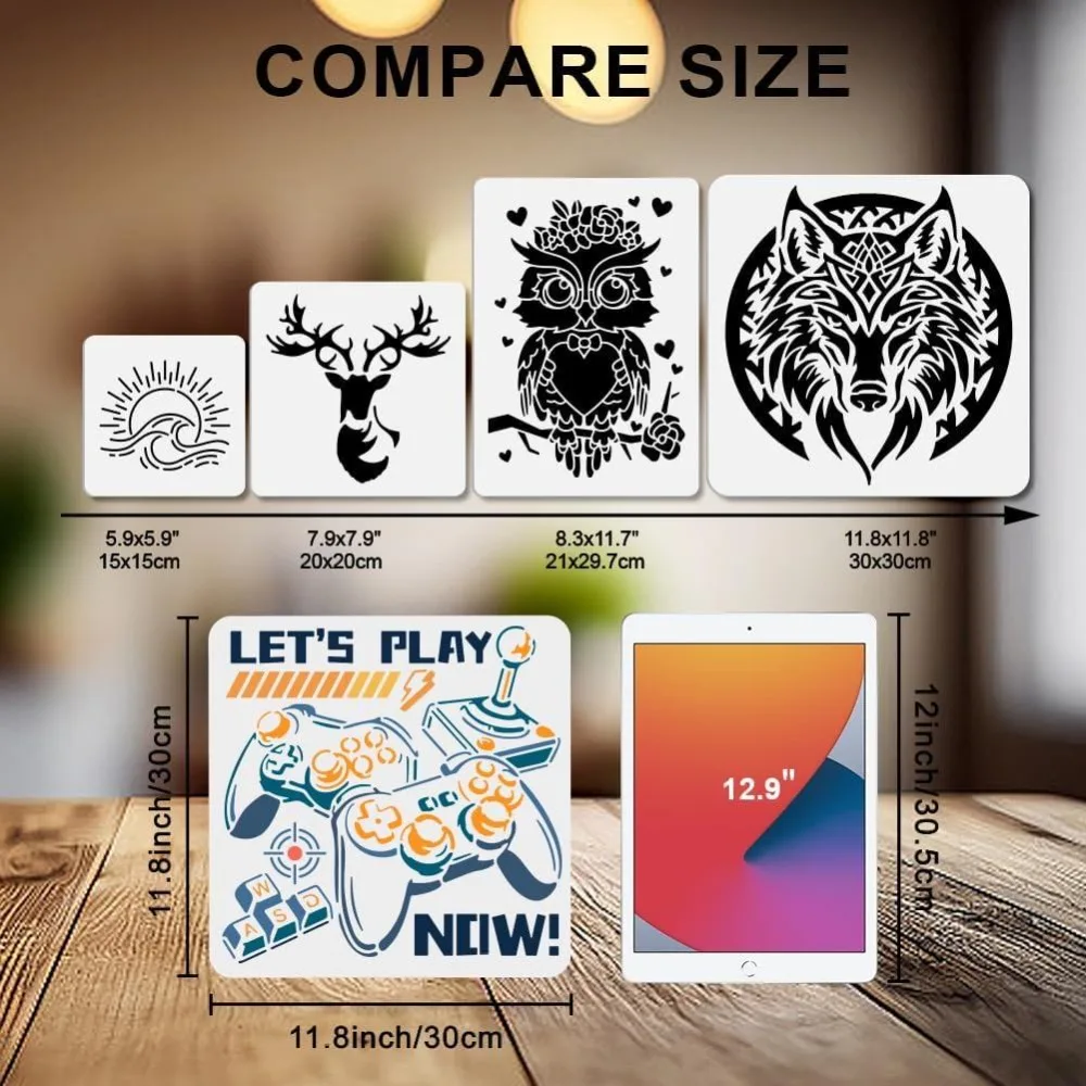 2Pcs Entertainment Games Stencil for Painting 11.8×11.8inch Game Console PS Machine Trophy Stencil with Paint Brush Reusable