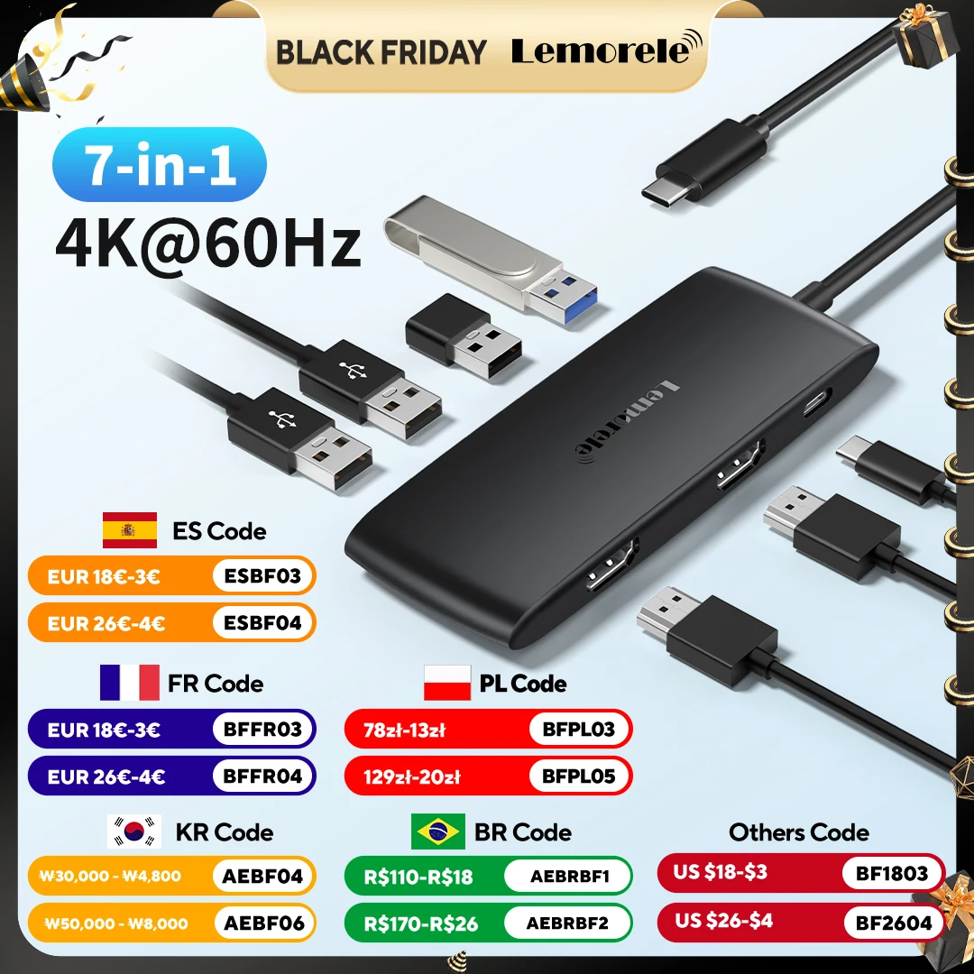 

Док-станция Lemorele TC510 7-в-1 USB-C Адаптер USB-концентратора USB C к двойному HDMI 4K при 60 Гц для ноутбука Windows MacBook Air