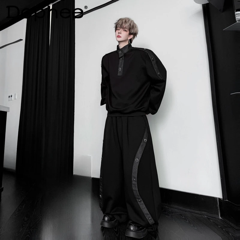 

Мужские осенние новые комплекты из двух предметов 2024, джинсовые толстовки с воротником-стойкой контрастного цвета, изогнутые широкие брюки, удобные комплекты