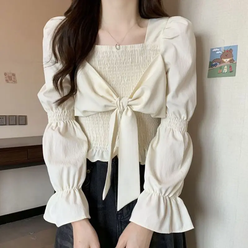 Women\'s Square Collar Long Sleeve Shirts, Elegant Slim Tops, Monochromatic Bow Pleated, Casual Clothes, New Style Fashion