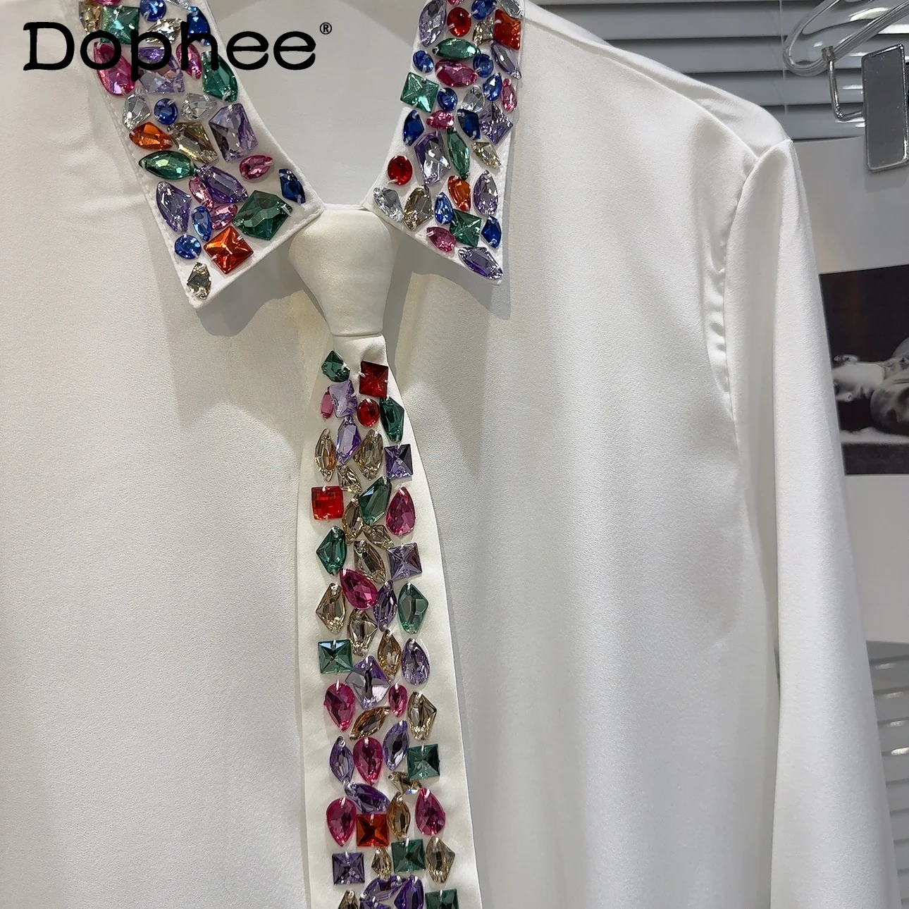 

Heavy Industry Colorful Rhinestone Tie Shirt 2024 Spring New Polo Collar Long Sleeve Pearl Beaded Black Shirt for Women