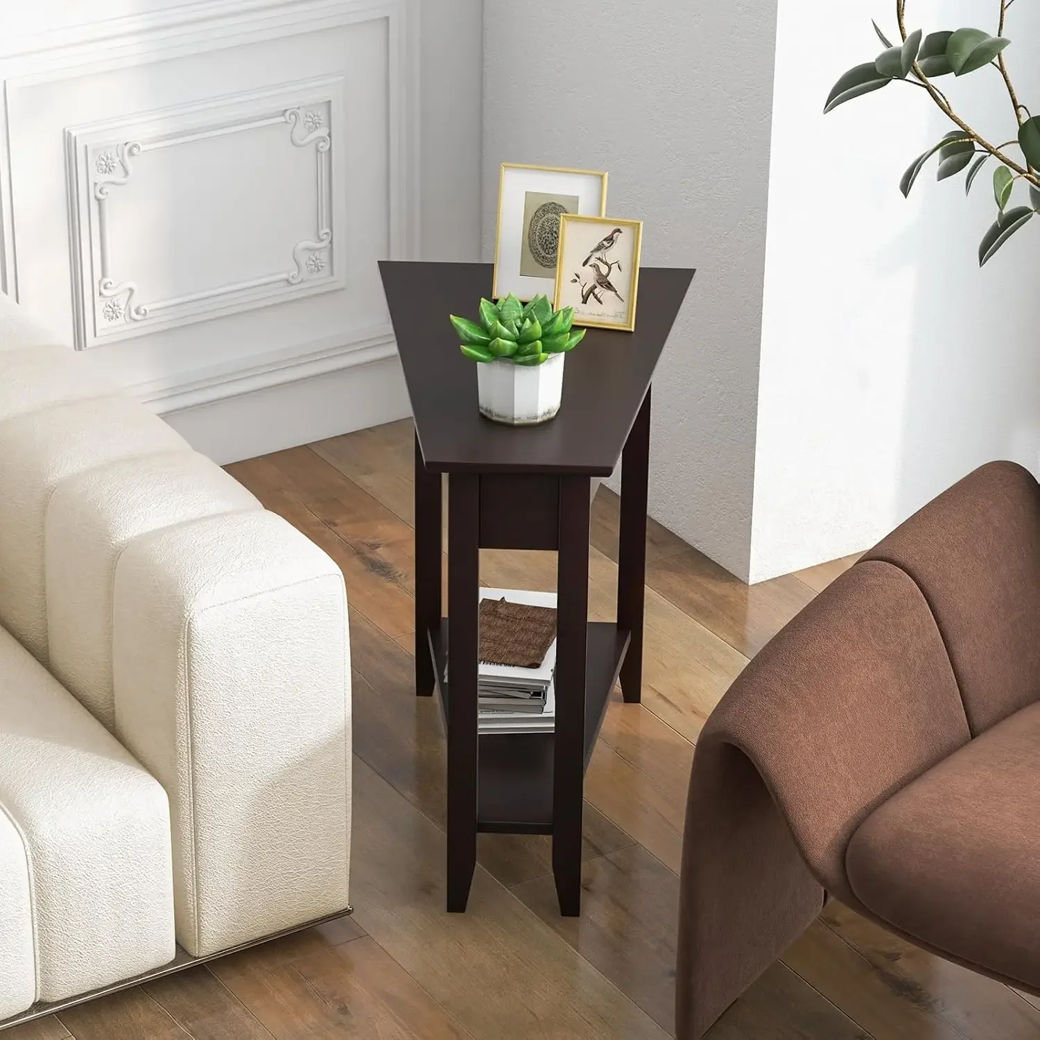 Set Of 2 Wedge End  Triangle Side Storage Shelf Solid Wood Legs Recliner Nightstand Accent Living Room Sm