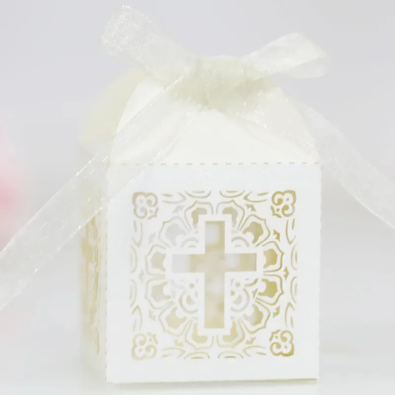 100/50/10pcs Laser Cut Cross Candy Box Packaging Favor Boxes for Birthday Baptism Christening Wedding Mariage Party Decoration