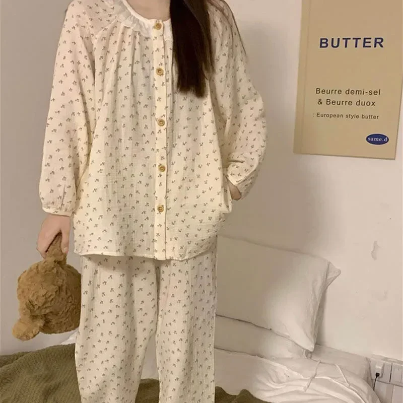 Korean Sleepwear Women Pajama Sets Floral Piiama Spring Sets 2 Pieces Cute Long Sleeve Night Wears Sleep Button Home Suit 2025