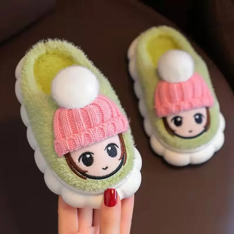 Winter Aged 2-10 Girls Antiskid Cotton Shoes Children\'s Cute Cartoon Home Indoor Mule Plush Slippers Warm Furry Kids Footwear