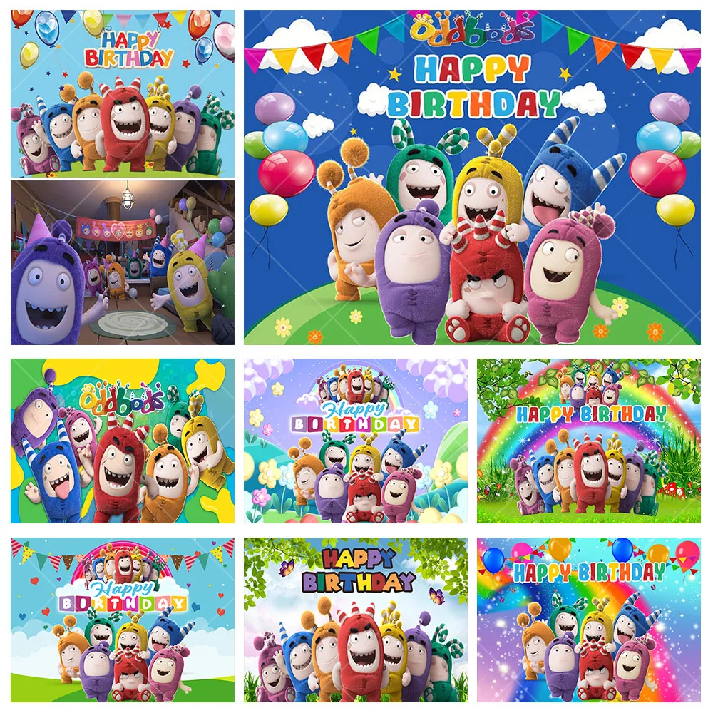 PHOTURT Oddbods Doll Toy Backdrop Kids Birthday Party Background Rainbow Balloon Vinyl Polyester Photography Decoration Props