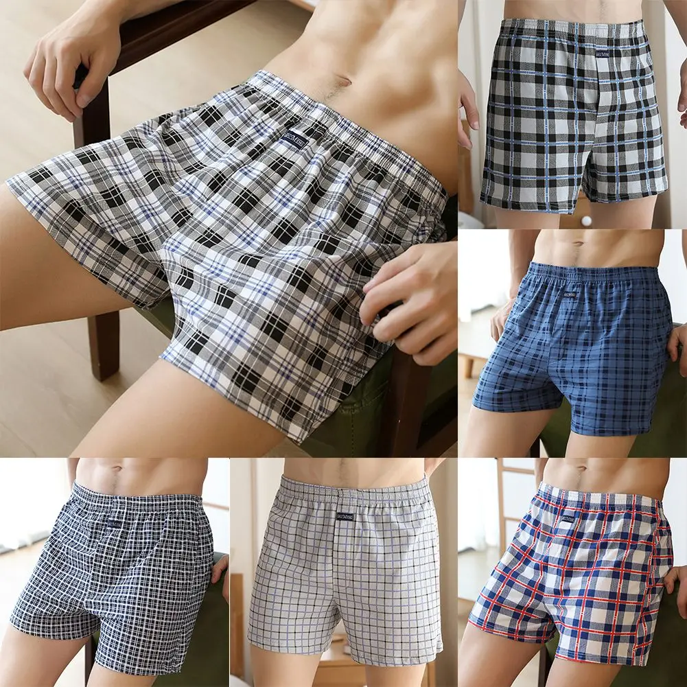 Sexy Men Plaid Printed Briefs Skin-friendly Loose Shorts Breathable Comfortable Underpants Casual Homewear Underwear