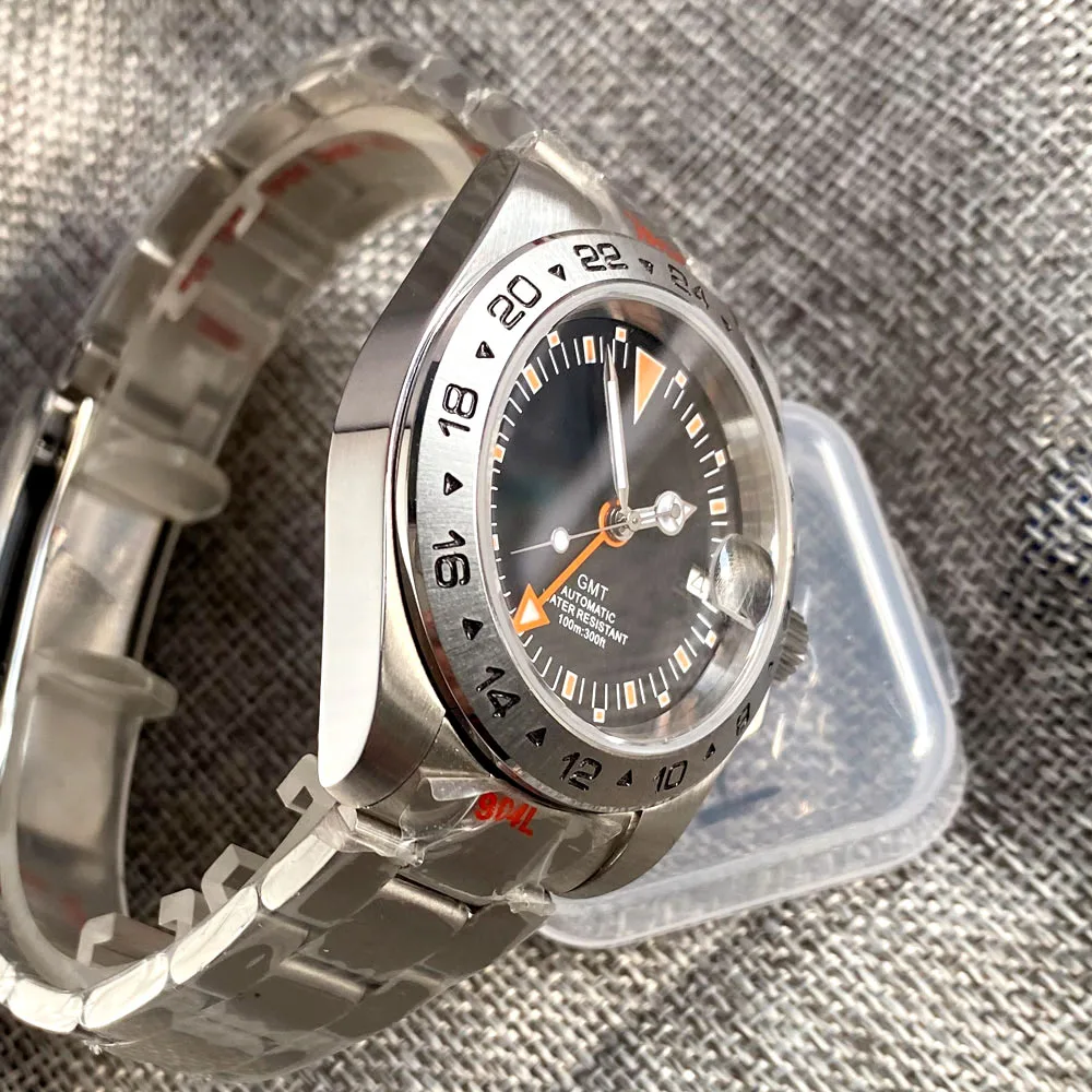 GMT Master NH34A Movt zegarek mechaniczny dla mężczyzn luksusowy zegar ze stali 316L pomarańczowy/zielony ręcznie 24-godzinny zegar ze stalową ramką