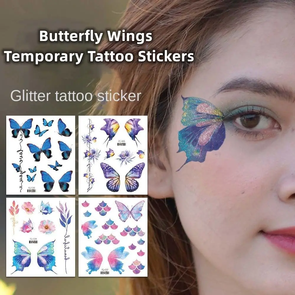 Temporary Glitter Butterfly Wings Tattoo Stickers para Mulheres, Flores, Body Art, Pulso, Pescoço, Rosto, Falso, Impermeável, Lua