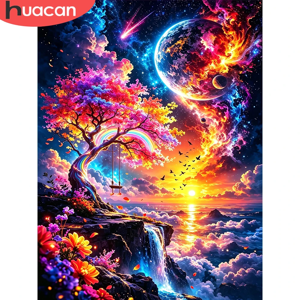 HUACAN Diamond Painting Tree Fantasy Landscape Sea Mosaic Moon Personalized Gifts Full Kits Rhinestones Home Wall Artwork