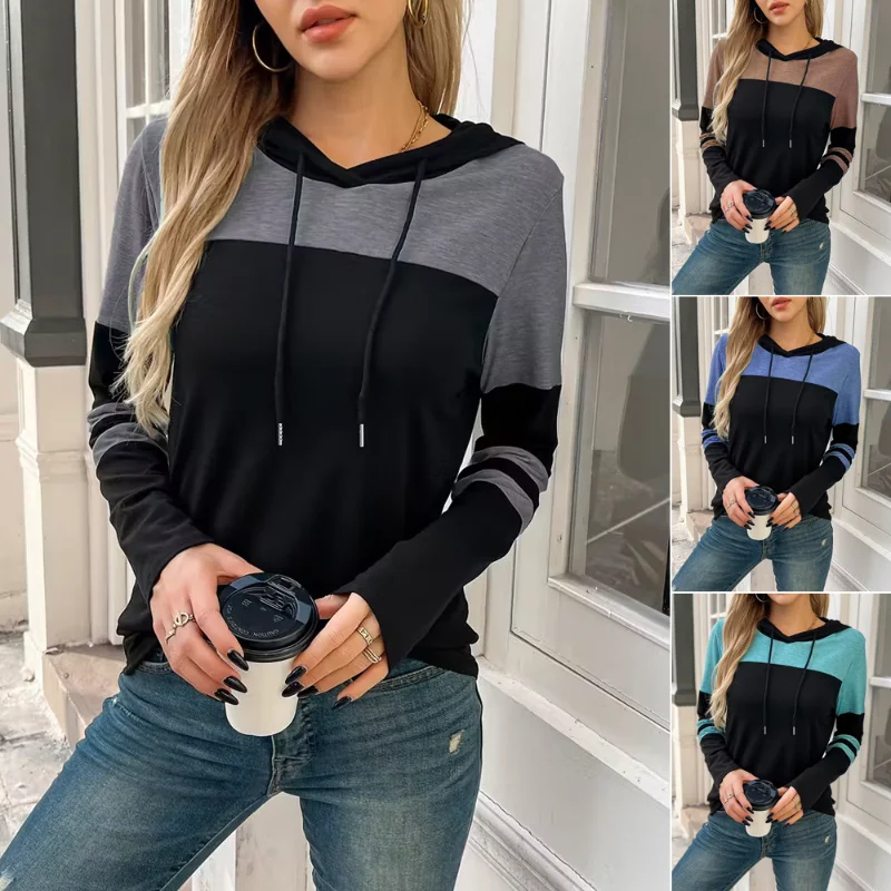 เสื้อฮู้ดสไตล์ลำลองแบบใหม่สำหรับผู้หญิง ฤดูใบไม้ผลิและฤดูใบไม้ร่วง สไตล์ยุโรปและอเมริกา แฟชั่นสีสันตัดต่อแบบแพทช์เวิร์ค