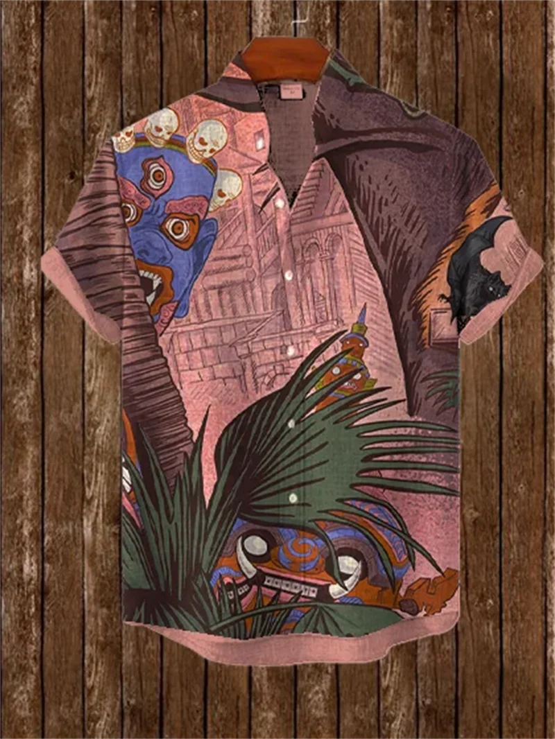 New 3D Fashion Cool Fox Print Men's Short Sleeve Shirt Linen China-Chic Vintage Collar Pattern Casual Shirt