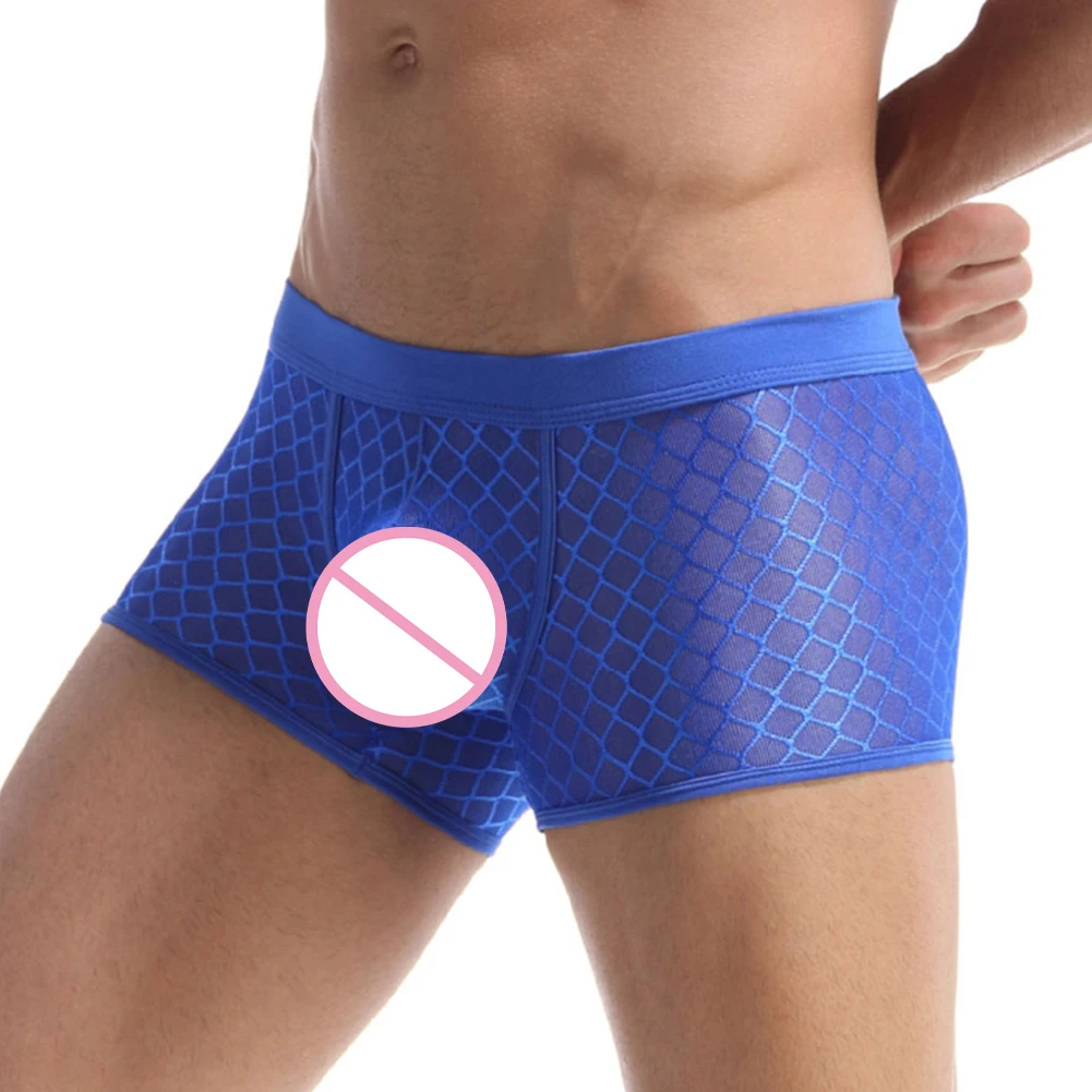 Men\'s Briefs Breathable Mesh Panties Low Waist Sexy Transparent Underpants Elastic Shorts U Convex Big Scrotum Pouch