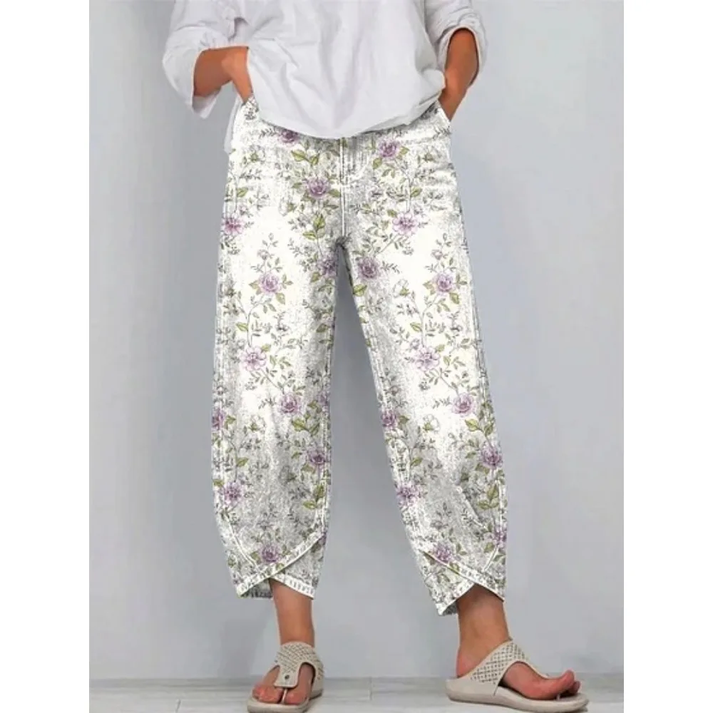 Vintage Blumenmuster Cropped Harem Caprihose Damen Baumwolle Locker Sitzende Tulpen-Wickelhose Knöchellange Freizeithose Sommer Streetwear – Detail 8