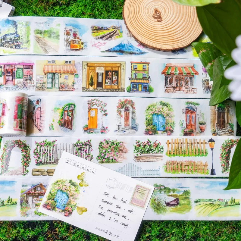 

1 Roll Washi Ape Passing Through The World Watercolor Landscape Forest Train Windows Scrapbook Journaling DIY Decor Stickers