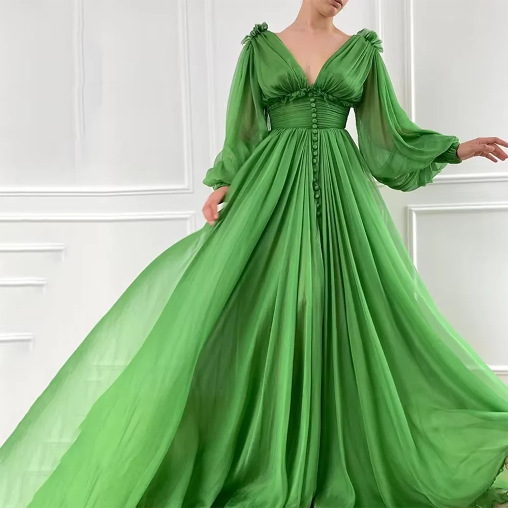 New Arrival Green V-Neck Long Puff Sleeves Tulle Prom Dress Elegant A-Line Draped Evening Dresses Ruffled Long Party Dresses