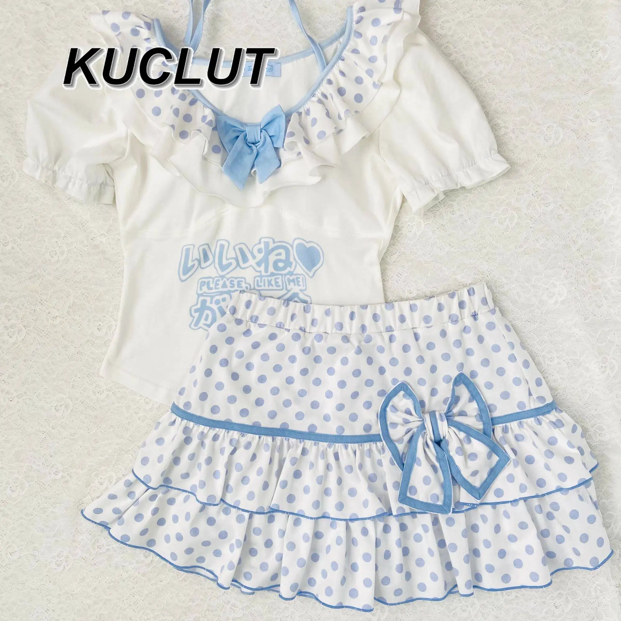 Subculture Japanese Style Short Sleeve Top Polka Dot Lace Bowknot Strap Bowknot Cake Dress Summer Two Piece Sets Womens