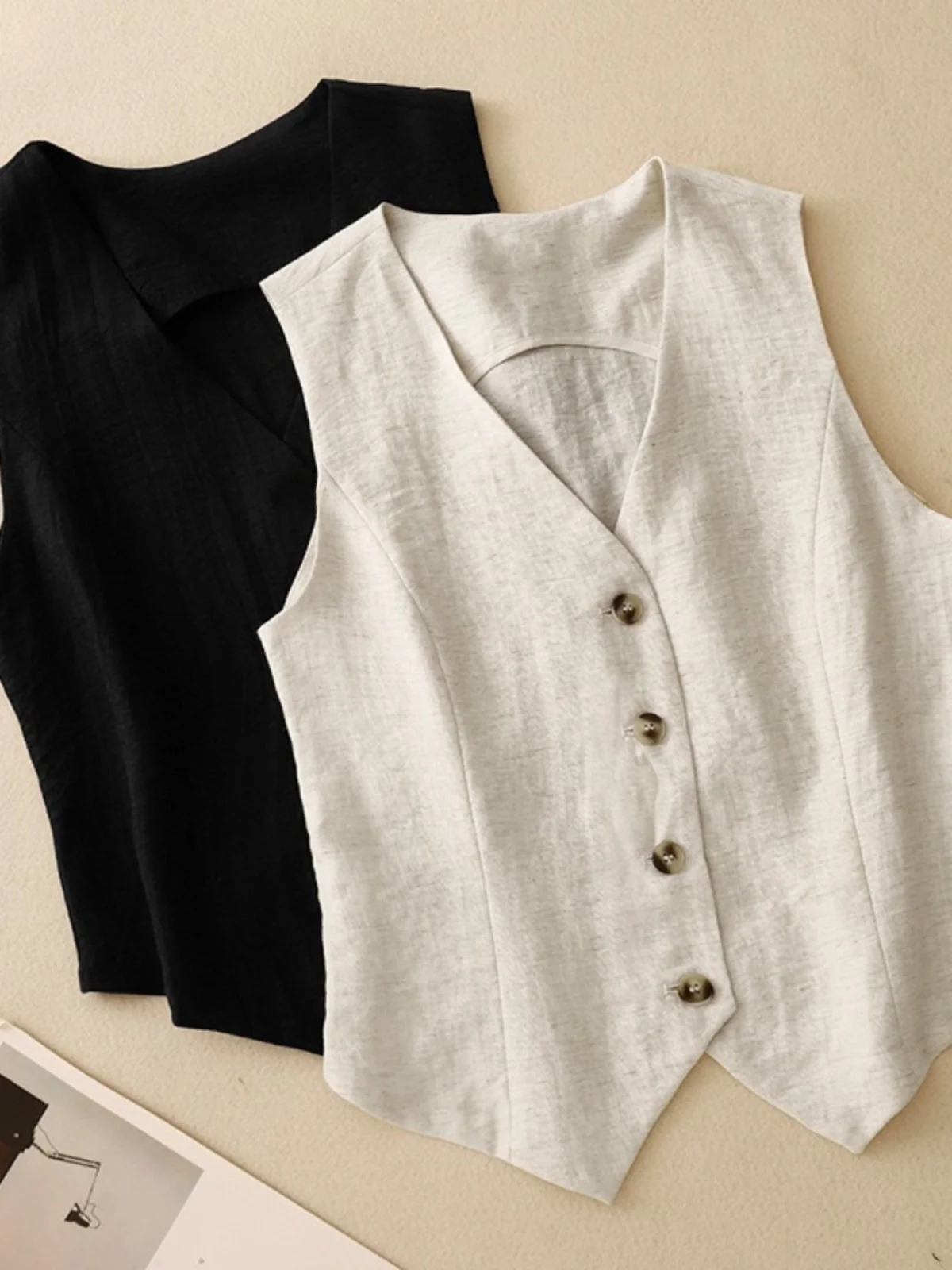 

Женский льняной костюм, жилет или тонкий слиток, винтажная верхняя одежда, топ на пуговицах с v-образным вырезом, однотонный, для поездок на работу, Sle Faion