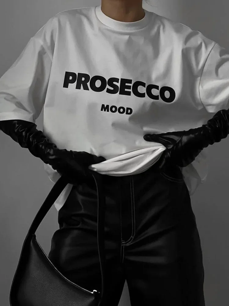 PROSECCO MOOD Women Summer T shirt Trend Luxury Style Printed Oversized T shirt 2024 Designer Clothing Female Vintage T shirts