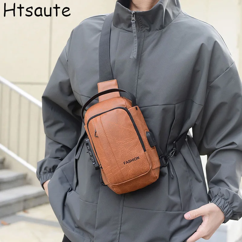 

Men's Chest Bags Waterproof Travel Messenger Bag Small USB Charging Port Lightweight Hard Shell Shoulder Bag Stylish Biker Bags
