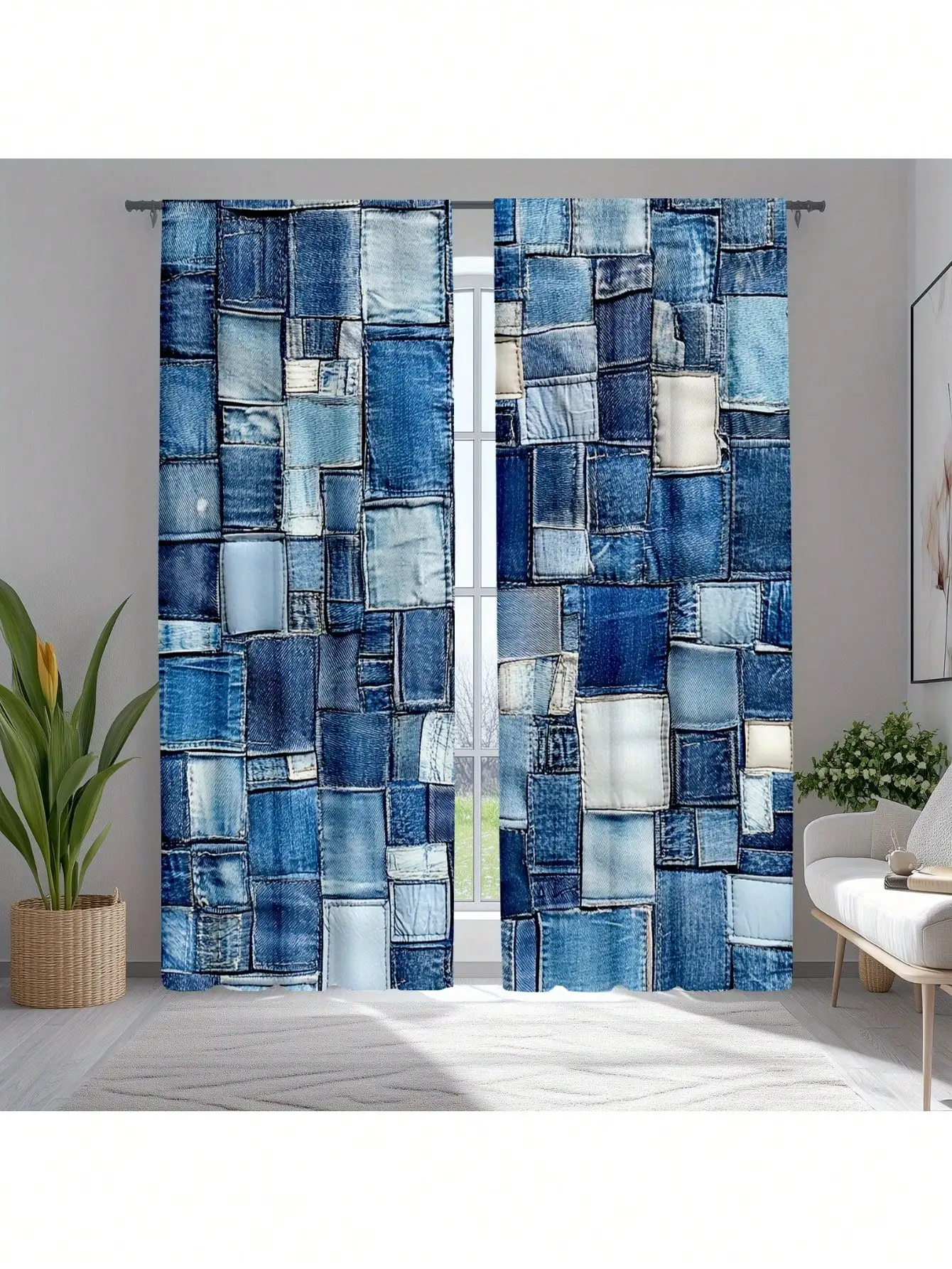 2pcs Vintage Blue Patchwork Art Curtains - Stylish Semi-Transparent Window Drapes For Living Room & Bedroom, Rod Pocket Design