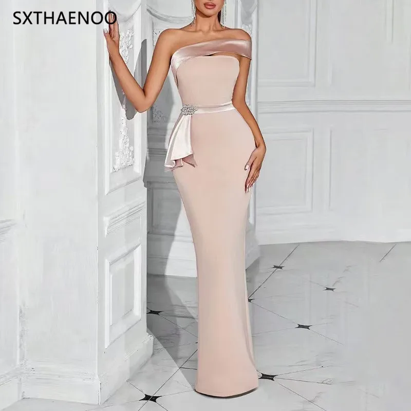 

SXTHAENOO Luxury Outerwear Fashion Women Ruffles One Shoulder Diamond Bodycon Club Celebrity Evening Party Dresses Vestidos