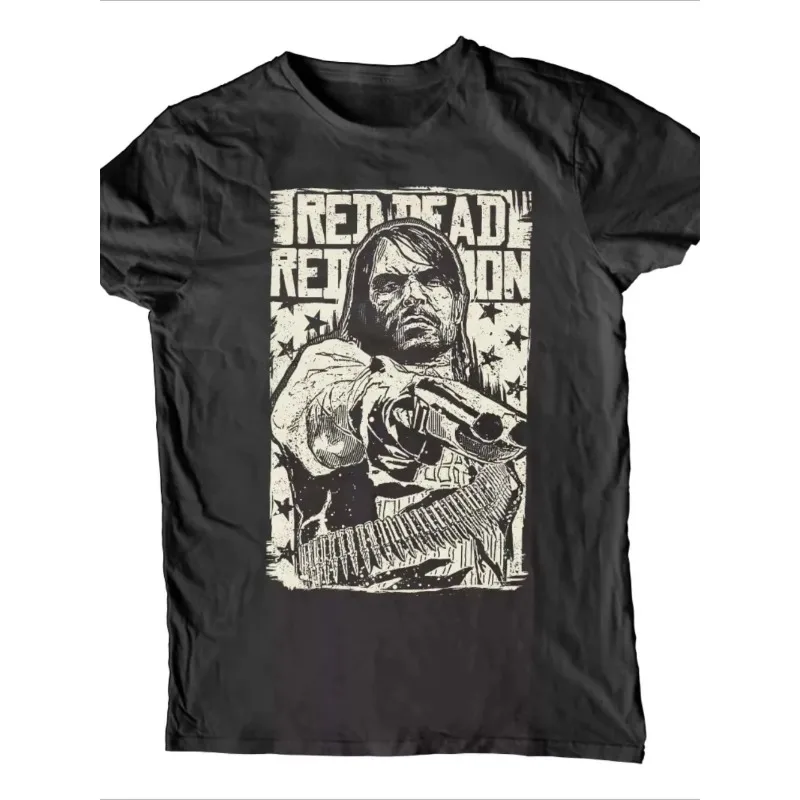 Men's Red Dead Revenge Themed Black T-shirt with Western Gun Print Pattern, Suitable for Casual Men and Women All Year Round