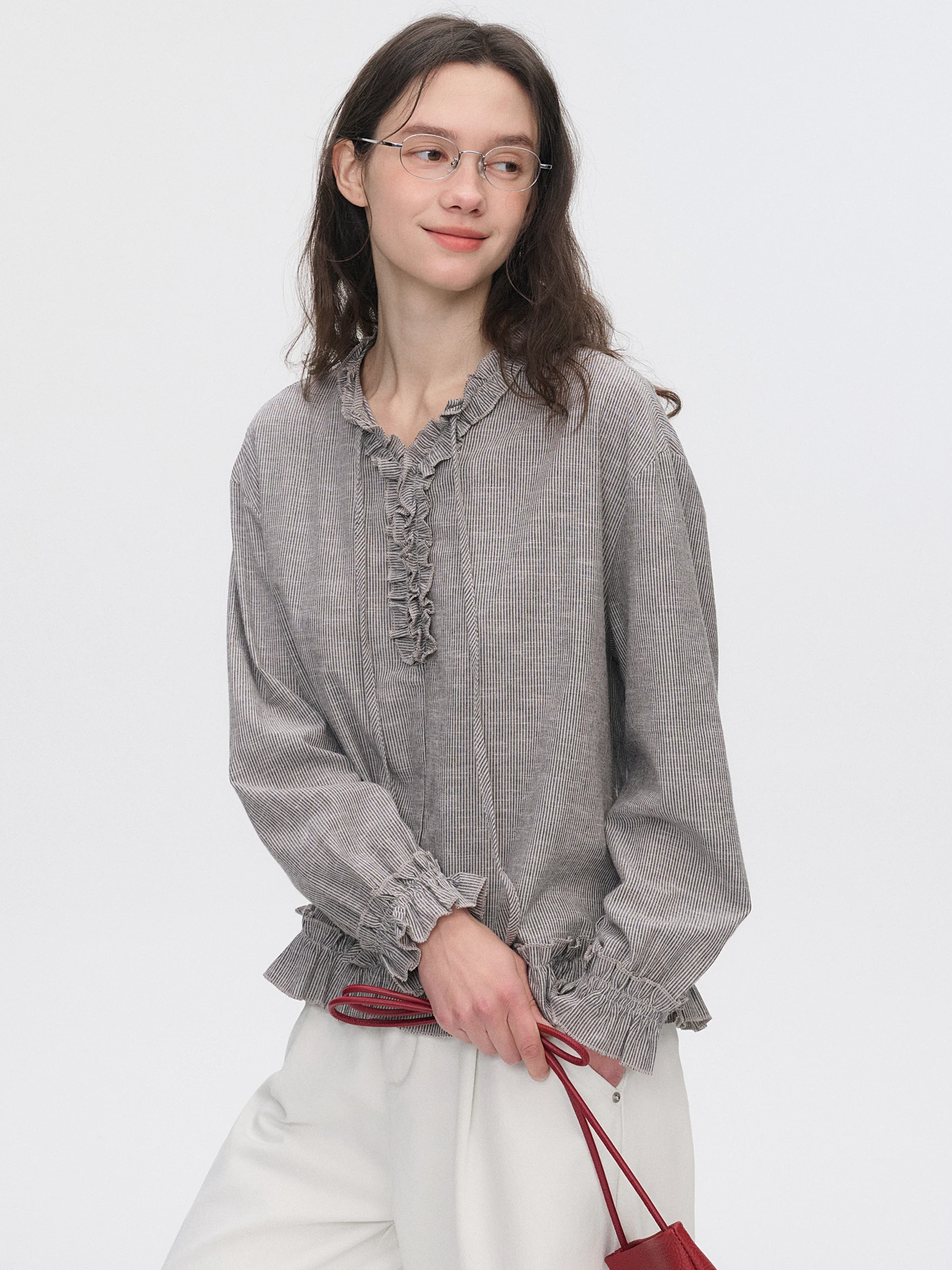 Unique Cotton Linen Stripe Long Sleeve Women's Shirt Floral  Bordered by  Knots And Gathers for Autumn Wear