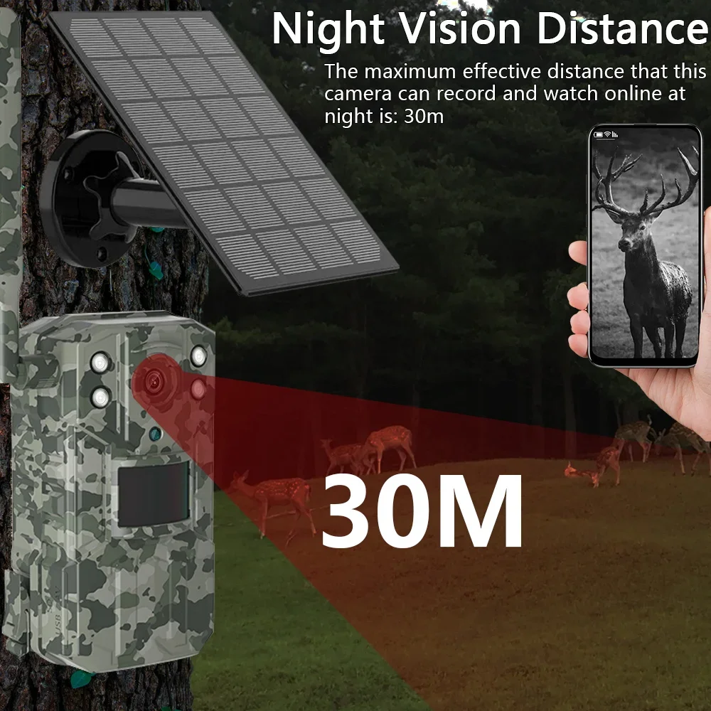 Solar Powered Cellular Trail Camera, Traps with Sim Card, Live Stream, No Glow, IR, 4G App, Hunting Camera