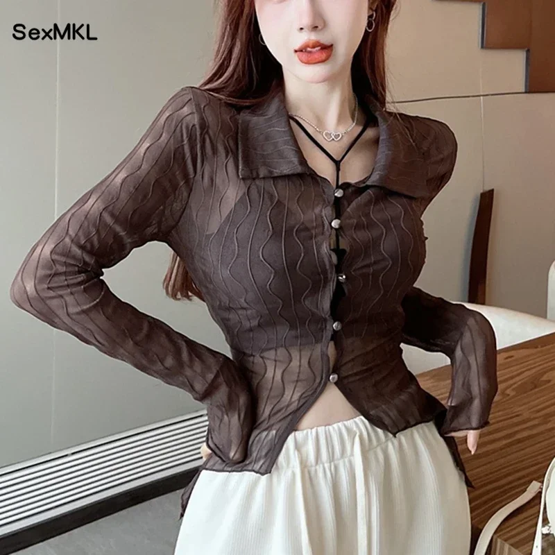 

Sexy Streetwear White Shirts Women 2025 Summer Fashion Long Sleeve Black Blusa Feminina Korean Vintage See Through Tops Blouses